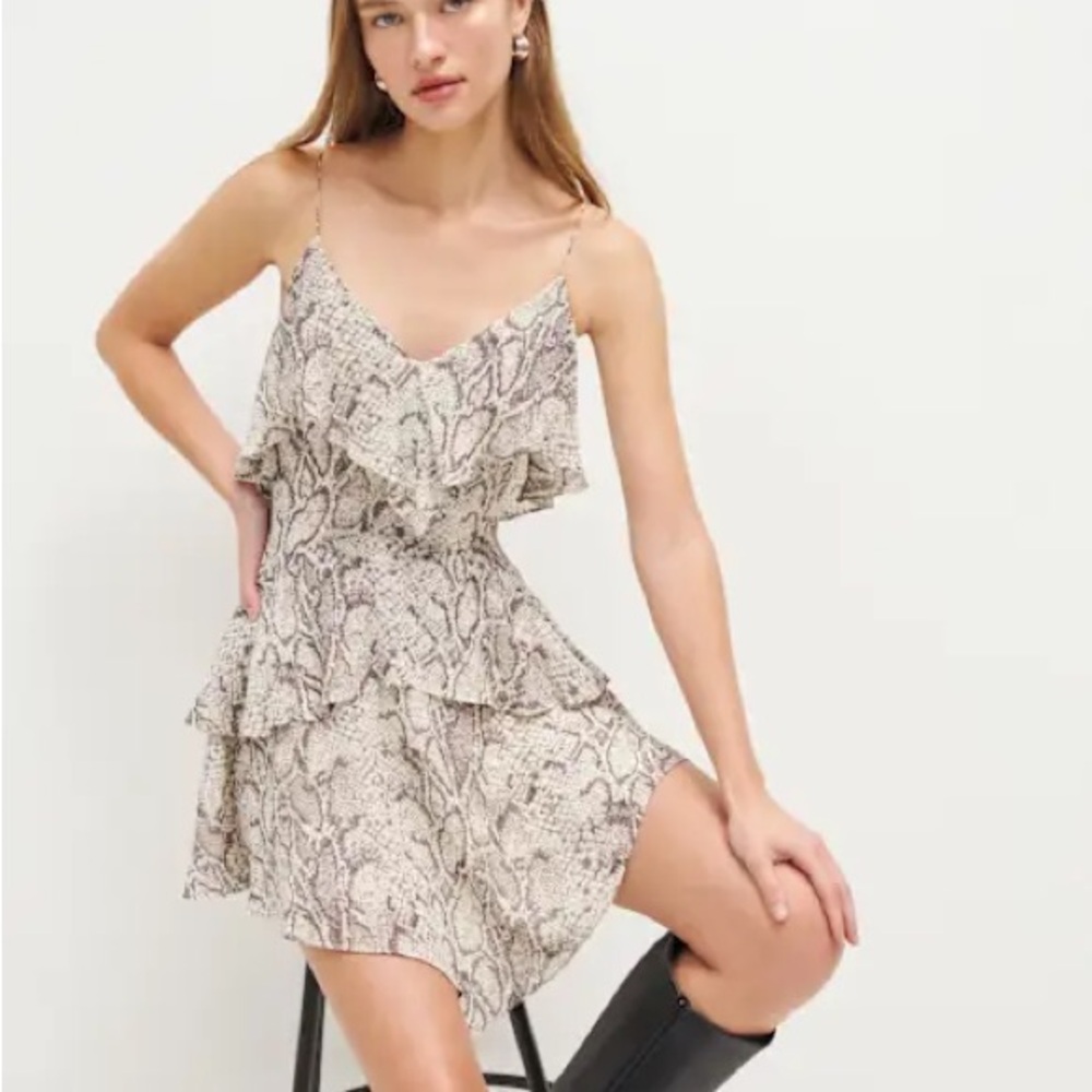 Reformation Beige Snake-Print Tiered Ruffle Mini Dress